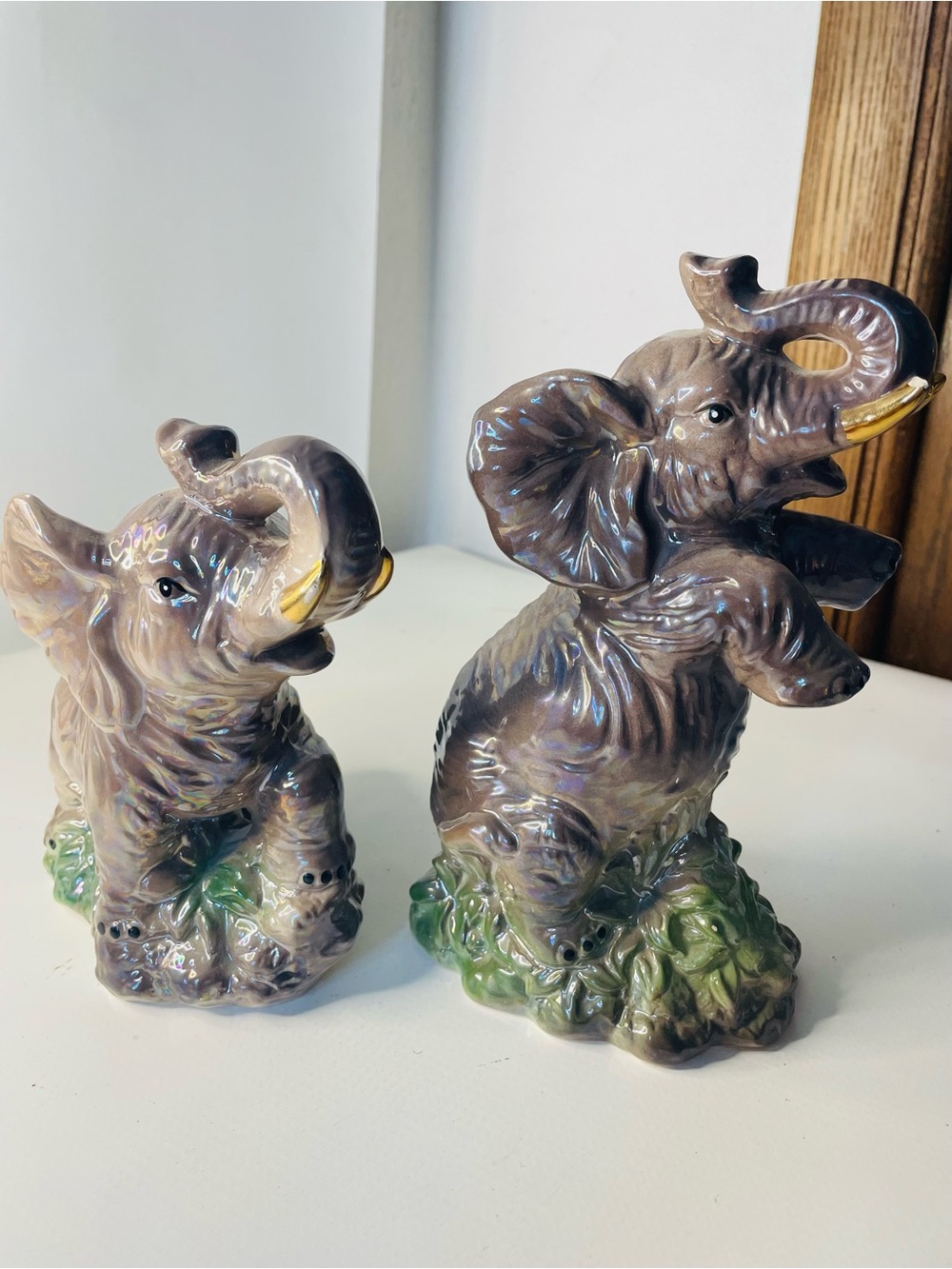 Glazed Ceramic Elephant Figurine Pair in Iridescent Taupe